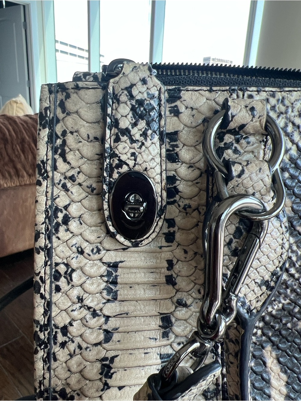 Coach Snake-Print Leather Satchel in Black and Cream - Picture 9 of 12